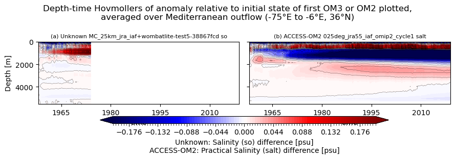 temp-salt-vs-depth-time.ipynb: Unknown and ACCESS-OM2 horizontal mean so Hovmollers: drift from initial condition, vs depth and time. GitHub issue: Hovmoller temperature anomaly (depth-time)