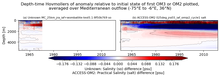 temp-salt-vs-depth-time.ipynb: Unknown and ACCESS-OM2 horizontal mean so Hovmollers: drift from initial condition, vs depth and time. GitHub issue: Hovmoller temperature anomaly (depth-time)